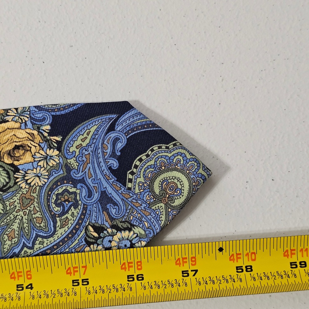 Ben Silver Silk Tie Navy Yellow Floral Paisley Academia Preppy Luxury Business - Picture 9 of 10
